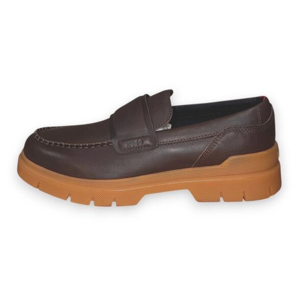HUGO Double Stitching Loafers Brown Leather US 9 UK 8 EU 42 Moc Toe Brown Sole - Picture 2 of 4